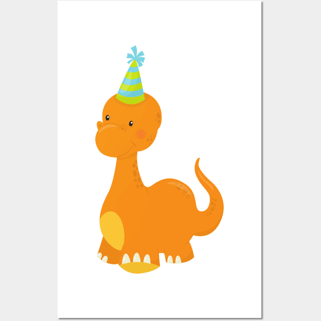 Birthday Dinosaur, Party Dinosaur, Dino, Party Hat Wall Art by Jelena Dunčević